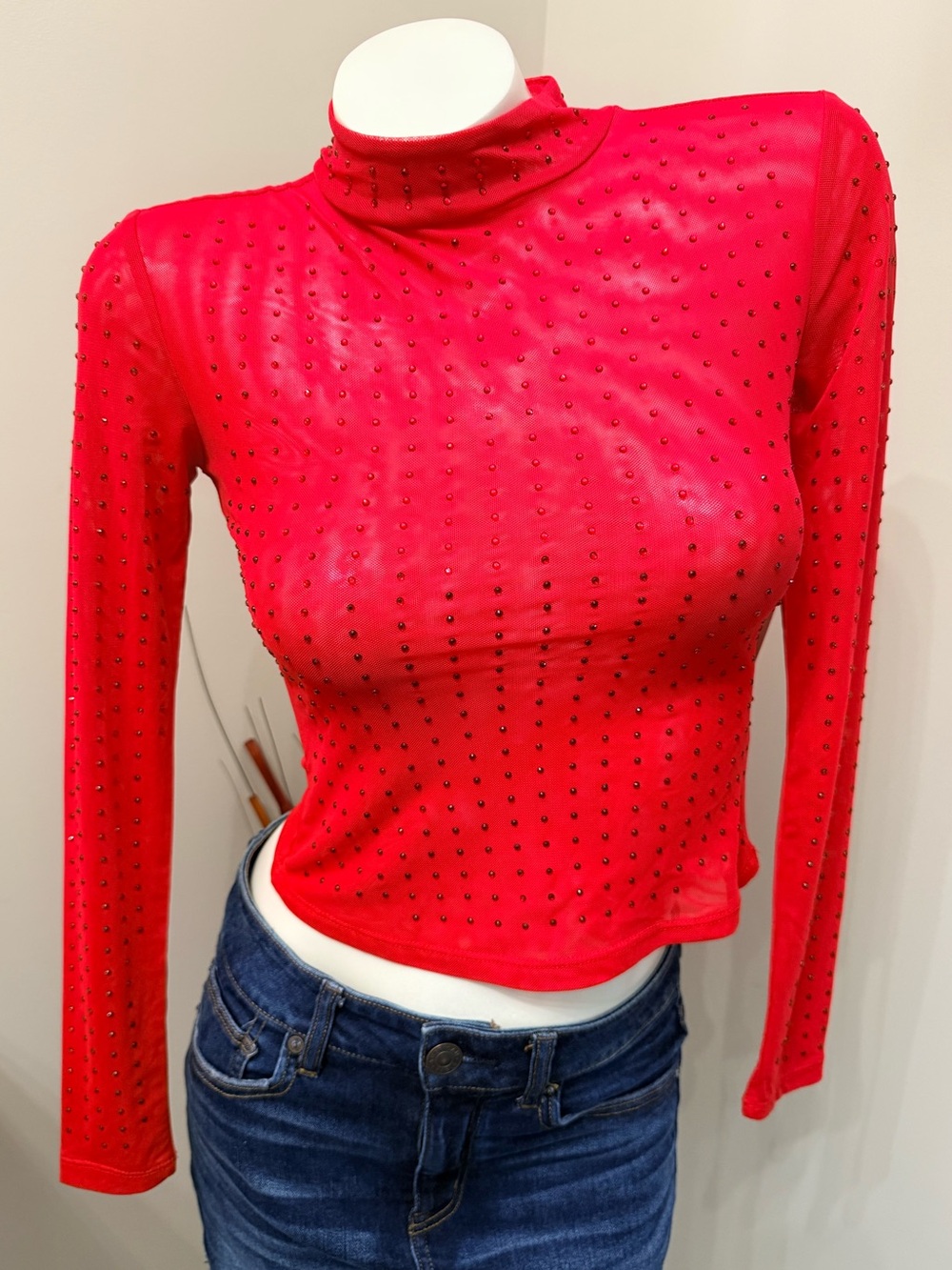 NWT Studded Rhinestones 🔥 Red Sheer Mesh crop top Mock Neck Sz XS